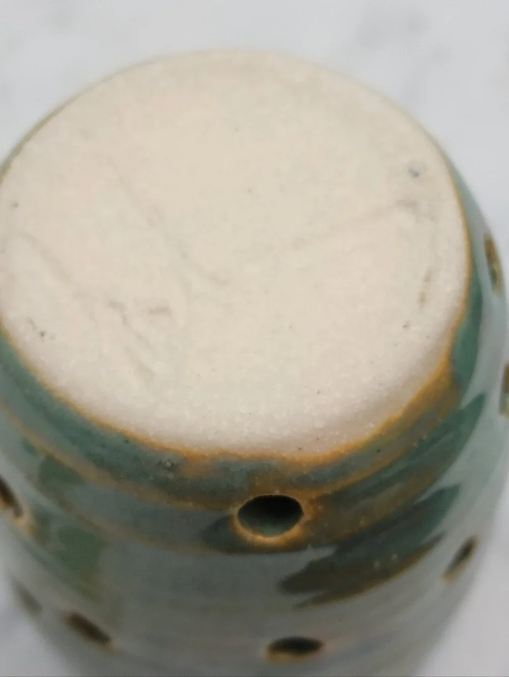 Holman Pottery Garlic Keeper Jar in Sea Pearl Green Ventilation Holes 6